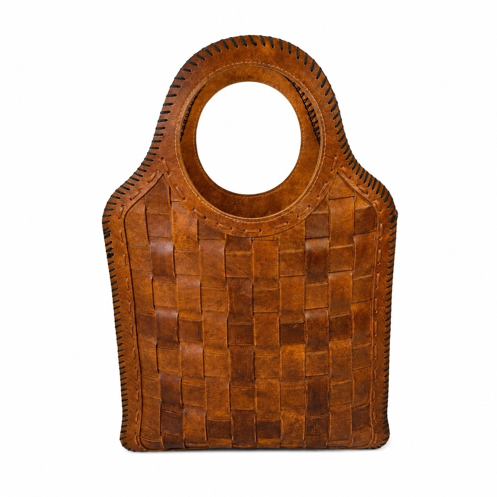 Vintage Artisan Tooled Woven Leather Bag Cognac Whipstitch Open Top Tote Boho